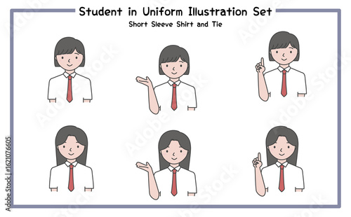 制服姿の学生 イラストセット4-1 (半袖シャツ＆ネクタイ) / Student in Uniform, Character Pose Set