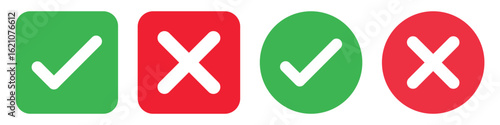 Checkmark x mark icon. Green checkmark and red x sign. Correct error vector symbol isolated on white background. Vote checkmark in circle and square box. 