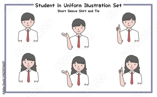 制服姿の学生 イラストセット4-2 (半袖シャツ＆ネクタイ) / Student in Uniform, Character Pose Set