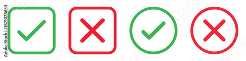 Checkmark x mark icon. Green checkmark and red x sign. Correct error vector symbol isolated on white background. Vote checkmark in circle and square box. 
