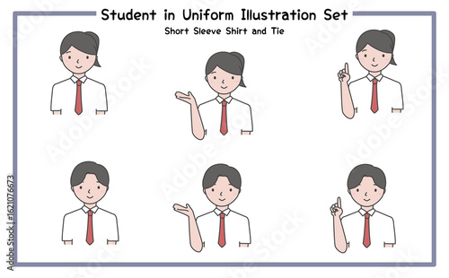 制服姿の学生 イラストセット4-3 (半袖シャツ＆ネクタイ) / Student in Uniform, Character Pose Set