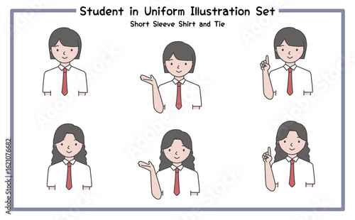 制服姿の学生 イラストセット4-4 (半袖シャツ＆ネクタイ) / Student in Uniform, Character Pose Set