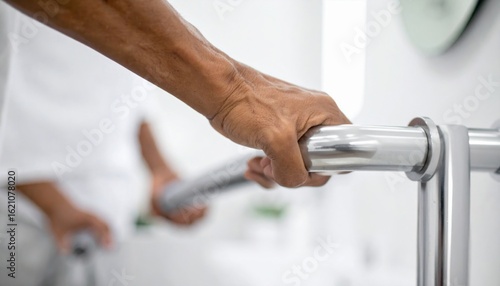 Close Up Hand on Chrome Grab Bar for Stability in Bright White Health Center