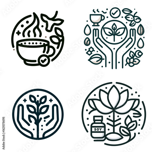 Soy-free drink and plant symbols in minimalist design with leaves  