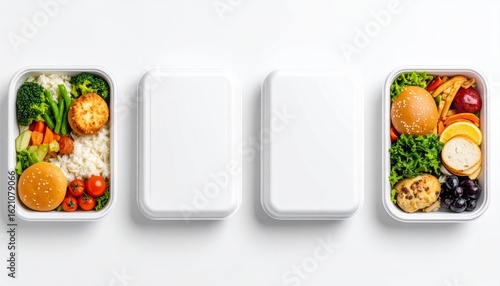 Overhead View of Prepared Meals in White Rectangular Boxes Food Still Life