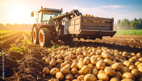 Tractor harvesting potatoes in a field