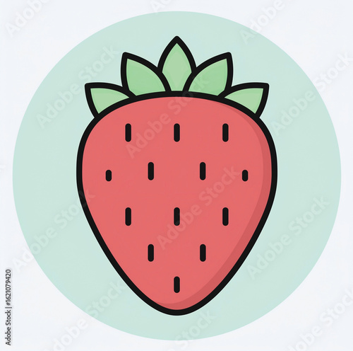 Flat vector illustration of a strawberry with a mint green circular background. A fun, minimal fruit design ideal for healthy food graphics, organic branding, or playful summer visuals.
