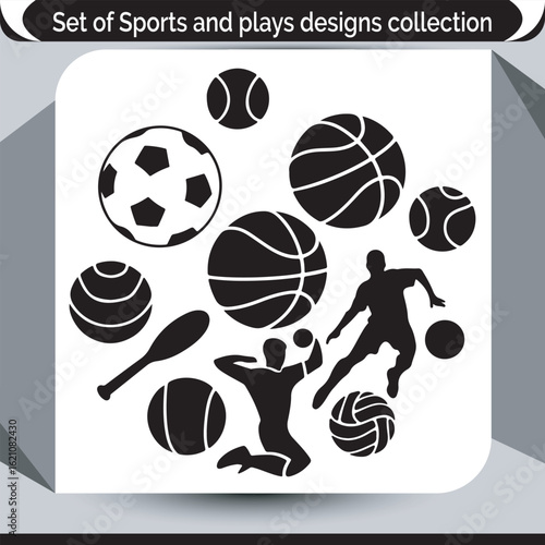 Sports and Games Icons Collection Vector Set Featuring Athletes and Various Balls for Diverse Sporting Activities
