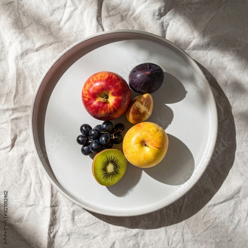 Assorted Fruits on a White Plate with Natural Sunlight and Shadow Play