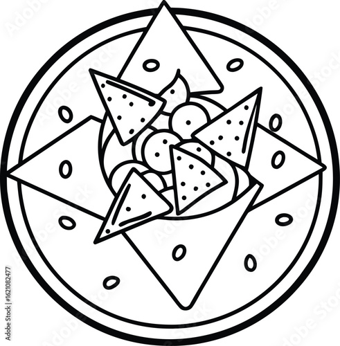Simple line drawing of nachos with salsa and cheese in a bowl
