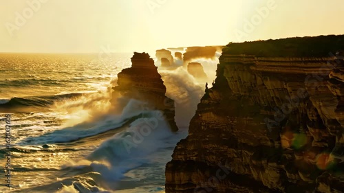 Side-view tracking shot along dolerite cliff face, foamy surf swirling at base