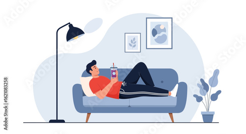 Man Relaxing On Couch With Drink In Living Room Modern Interior