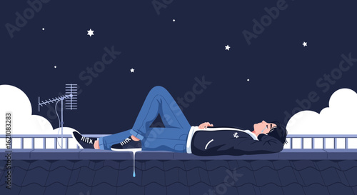 Man Relaxing On Rooftop Under Night Sky Gazing At The Stars
