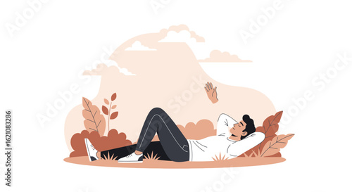 Man Relaxing Outdoors Calmly Amidst Nature Surrounded by Plants Vector Art
