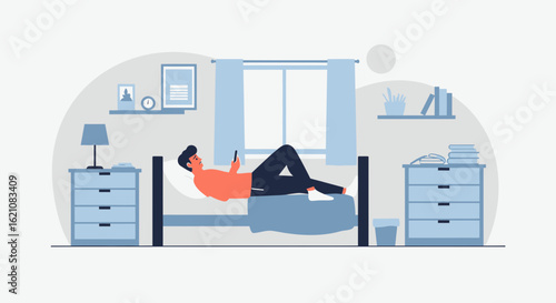 Man Relaxing With Mobile Phone In Bedroom Illustration In Contemporary Style