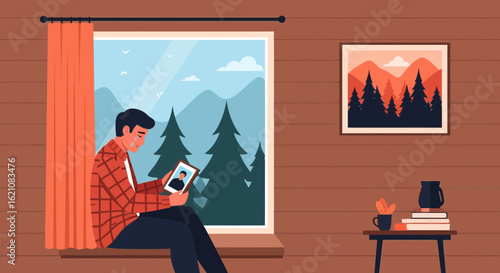 Man Reminiscing Past Memories With A Picture On A Cabin Window Seat