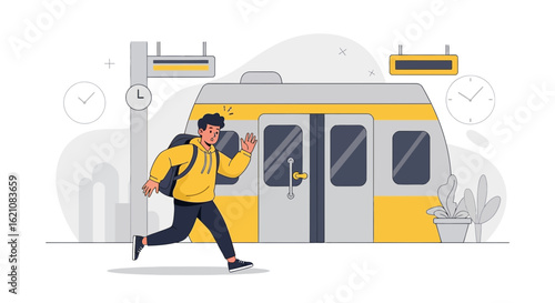 Man Running to Catch The Train at Subway Platform Illustration