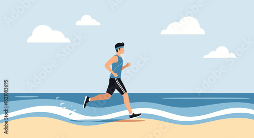 Man Runs Along The Beach, Exercising And Enjoying Nature, Blue And Calm Sky