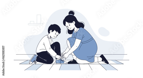 Loving mother tying her son's shoelaces in a heartwarming gesture of care and support