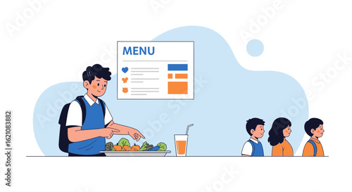 Lunchtime At School Cafeteria With Boy Choosing Healthy Food Selection