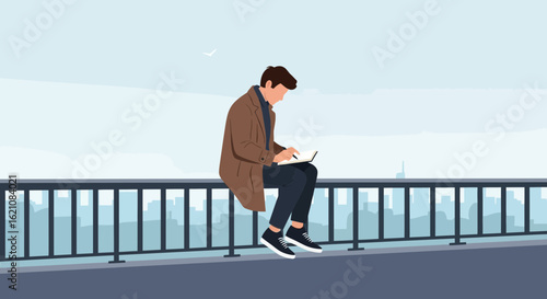 Man sitting on a bridge wall contemplating life and writing in his notebook with a city backdrop during the day