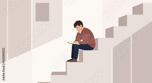 Man Sits On Staircase Writing In A Notebook Concept Of Creativity