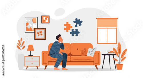 Man Sitting On Couch Contemplating Puzzle Pieces Floating In The Living Room