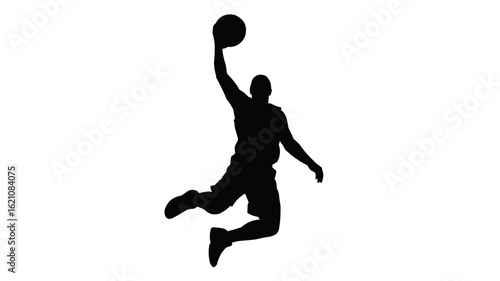 Silhouette of basketball player in mid air jumping with ball raised above head ready to dunk the ball on transparent background