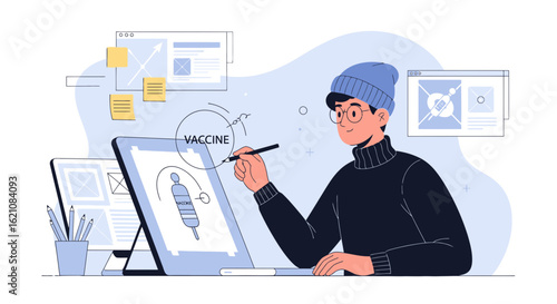 Illustrator Creating Vaccine Design For Medical Website Using Digital Tablet