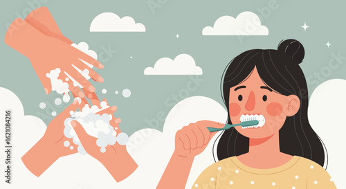 Maintaining Hygiene Practicing Hand Washing And Brushing Teeth Daily Routine