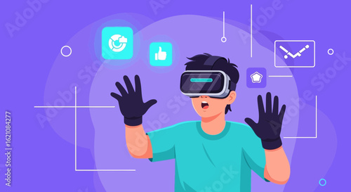 Immersive Virtual Reality Experience Man Interacting With Digital Interface