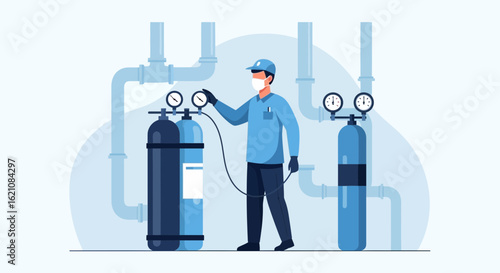 Maintenance Worker Inspecting Gas Pressure in an Industrial Setting Vector