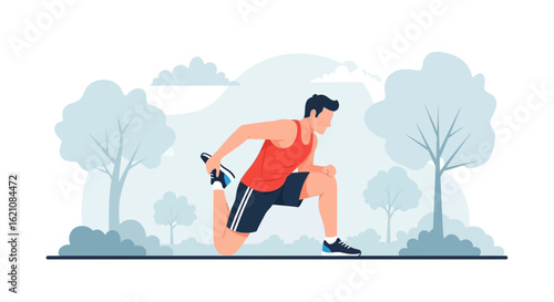 Man Stretching Leg Outdoors In Park Before Workout Fitness Concept