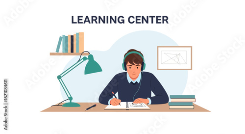Man Studying With Headphones And Desk Lamp In Learning Center Concept