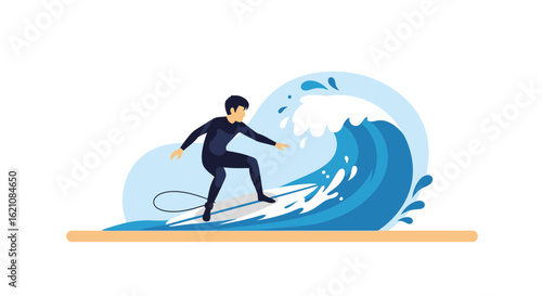Man Surfing The Waves In Summer Season With Minimalist Style Design