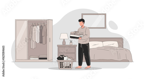 Man Arranging Clothes And Doing Laundry In His Bedroom Illustration
