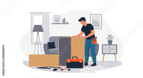 Man Assembling New Furniture In Living Room For Improved Home Interior