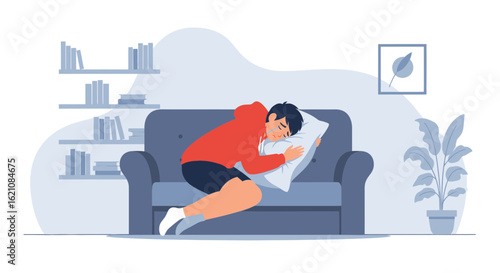 Man Taking a Nap on the Sofa in Cozy Living Room Illustration, Relaxing Moment