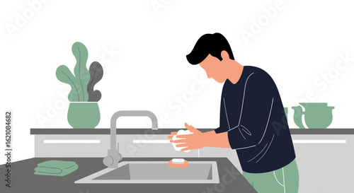 Man At Home Washing Hands With Soap In The Kitchen Sink For Hygiene