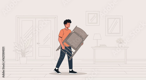 Man Carrying Folded Chair In Contemporary Interior Space Illustration