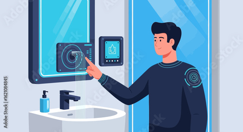 Man Using Advanced Technology Faucet in Futuristic Bathroom Design System