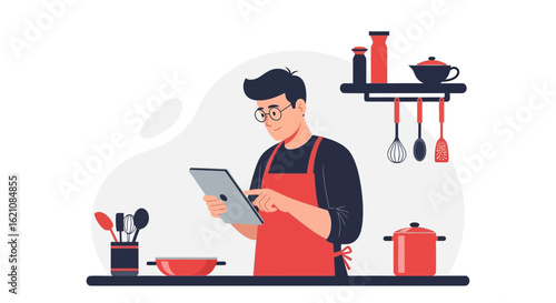 Man Using Tablet In Kitchen For Online Cooking Tutorials And Recipe Guidance