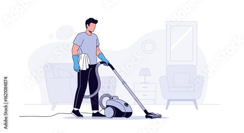 Man Vacuuming The Floor In The Living Room With Vacuum Cleaner Concept