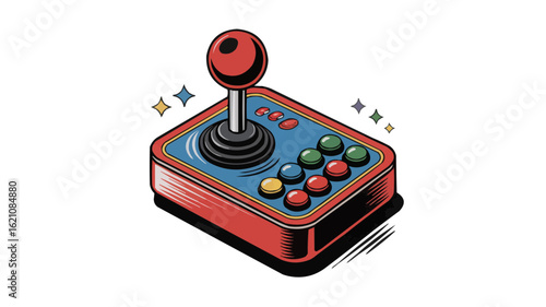 Illustration of a vintage arcade game joystick with multiple buttons and a red ball top controller on transparent background