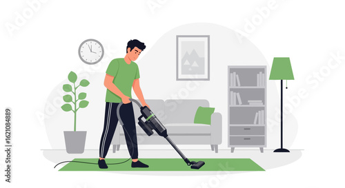 Man Vacuuming The Living Room Cleaning With Vacuum Cleaner At Home