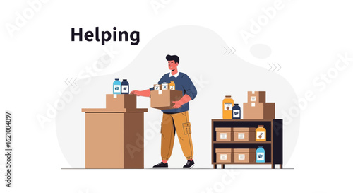 Man Volunteering Supplies For Charity Organization At Distribution Center
