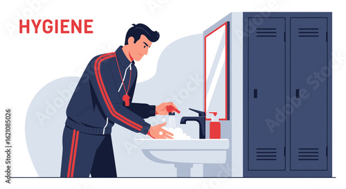 Man Washing Hands With Soap In Locker Room For Personal Hygiene
