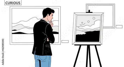 Man Contemplating Artwork At Exhibition, Concept Of Appreciation, Black And White