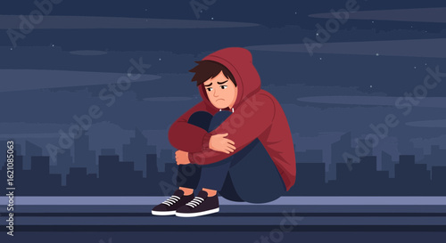Isolated sadness: A young man's solitary contemplation on a rooftop at night with city backdrop