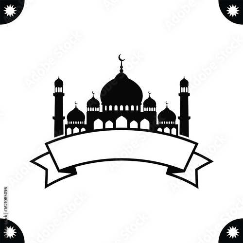Mosque silhouette with ribbon isolated on white background